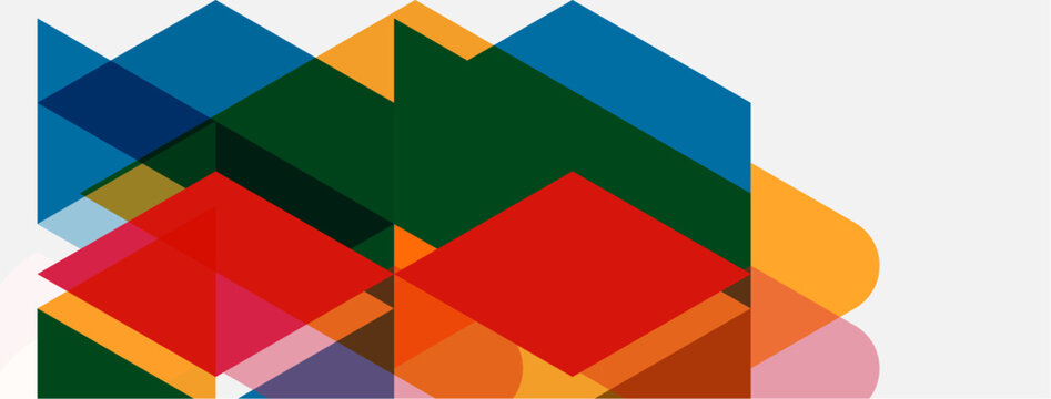 Abstract geometric shapes overlap, creating vibrant colorful composition. Rectangles, triangles dominate design, offering modern aesthetic.