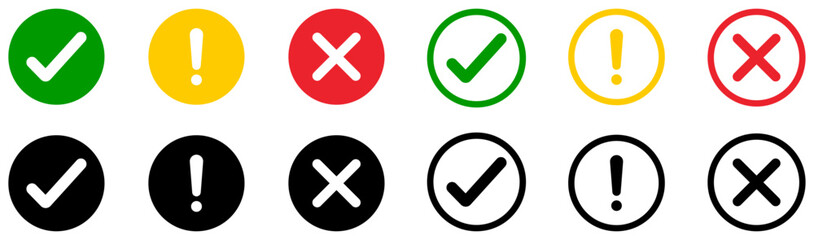 Obraz premium X mark, exclamation point icon set with check mark, tick, wrong, correct, warning symbols. Circle check, cross, alert, caution signs for UI icons, validation, status indicators, vector.