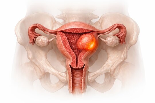 Anatomical visualization of a localized intramural myoma uterine fibroid nodule with subtle diagnostic highlight inside ghostly human pelvic outline explicitly anatomy clinical render