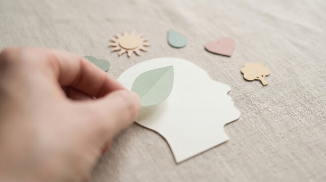 Paper head leaf sun heart tree and drop shapes symbolize mental health mindfulness and eco friendly thinking promoting wellness and positive emotions in natural setting