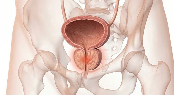 Anatomical visualization of enlarged prostate glands BPH causing localized urethral compression with subtle diagnostic highlight inside ghostly pelvic outline render