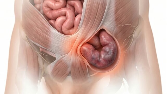 Anatomical visualization lower abdominal inguinal hernia with intestinal entrapment inside ghostly human lower abdomen outline explicitly avoiding external genitourinary anatomy surgical pathology
