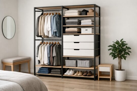 Renter friendly closet interior with modular wardrobe bench mirror and floor plant compact bedroom scene showing flexible storage open rails and neat everyday organization