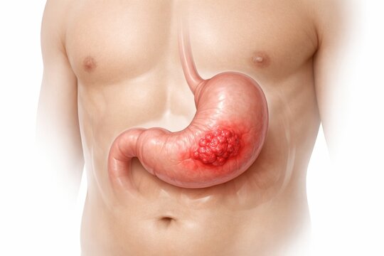 Gastric cancer medical illustration showing stomach wall with localized malignant tumor in oncology and gastroenterology concept for diagnosis pathology education and care