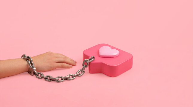 Emotional dependency concept with chained hand and heart object, toxic love and attachment metaphor on pink background