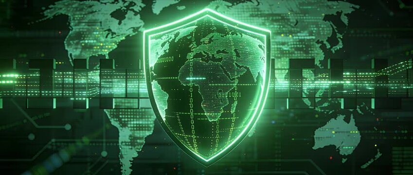 Cyber security digital shield protecting global data network with glowing green binary code and world map background representing advanced technology defense and futuristic protection