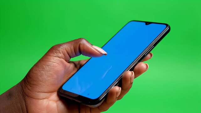 A dark-skinned hand holds a smartphone with a bright blue screen