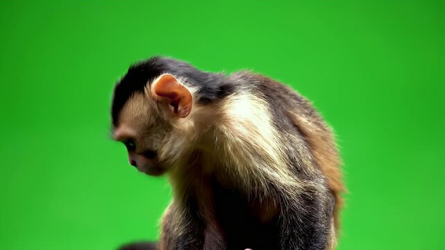 A close-up, full-body portrait of a young capuchin monkey against a vibrant green background