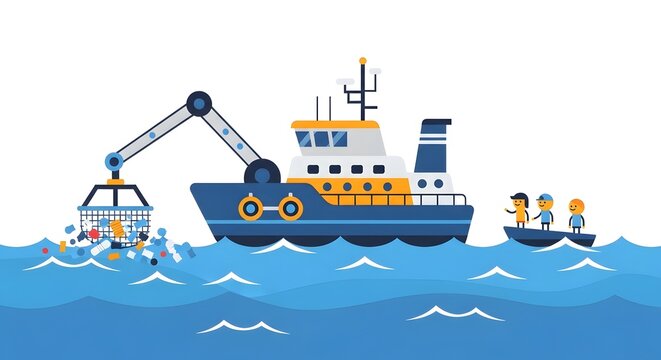 Ocean Cleanup Operation with Large Ship and Small Boat.