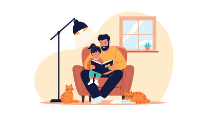 Obraz premium Loving father sitting in a cozy armchair while reading an illustrated book to his young daughter in their warm living room with pet cats.