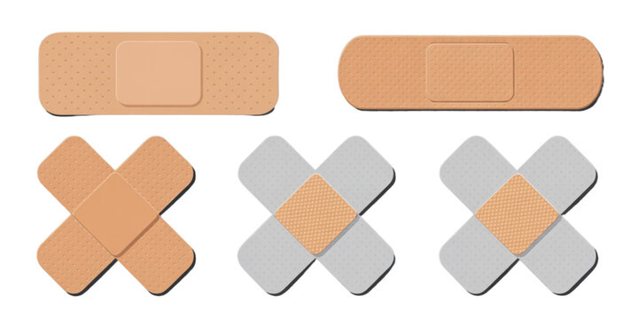 A collection of various adhesive bandage strips and cross shaped patches for skin wound healing Vector