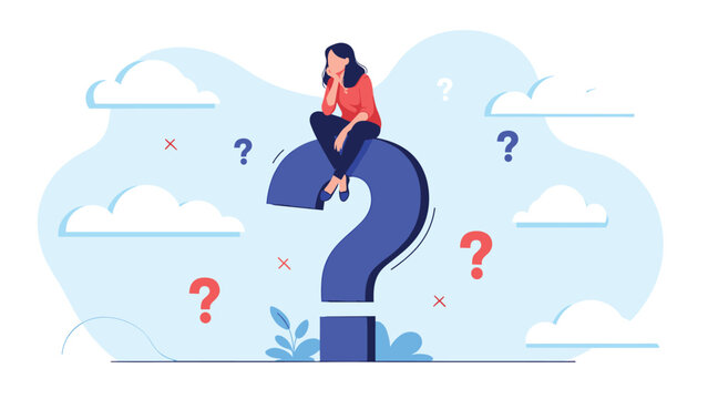 Pensive woman sitting on top of a giant question mark while contemplating difficult decisions or searching for answers in a cloudy sky.