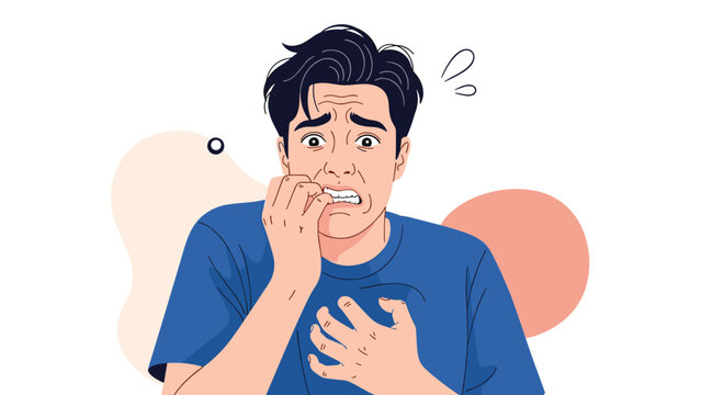 Anxious young man looking stressed and worried while biting his fingernails in a moment of extreme nervousness and mental pressure.