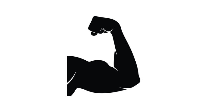 Strong muscular arm flexing bicep muscles in black silhouette isolated on white background for fitness and sports concept