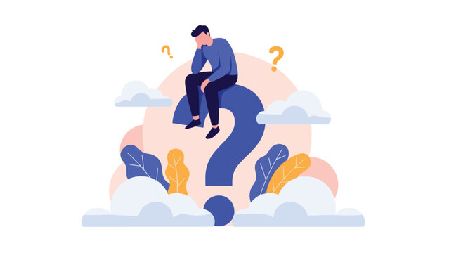Confused man sitting on a large blue question mark symbol trying to find answers to difficult life questions now.