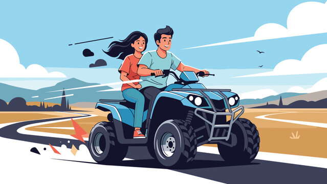 Happy couple riding a blue all-terrain vehicle through a scenic field under a bright blue sky on a sunny day.