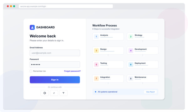 Dashboard Login Page with Workflow Diagram UI