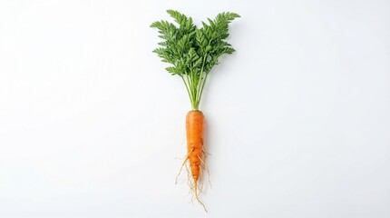 Fototapeta premium Crisp orange carrot with vibrant green leafy tops and delicate root hairs isolated on clean white background for healthy eating and natural food marketing