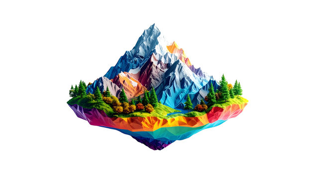 Low poly mountain landscape island with colorful polygon trees and snow peak design