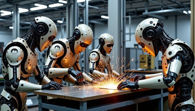 Robotic Team Collaborating in Industrial Setting, Utilizing Advanced Technology for Precision Engineering and Innovation in Modern Manufacturing Processes