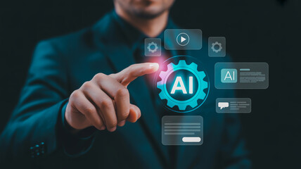 Fototapeta premium Man in suit interacting with ai interface