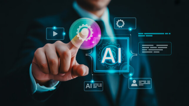 A businessman interacts with futuristic ai interface