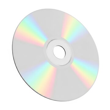 A shiny compact disc viewed from above with a reflective rainbow pattern on its surface