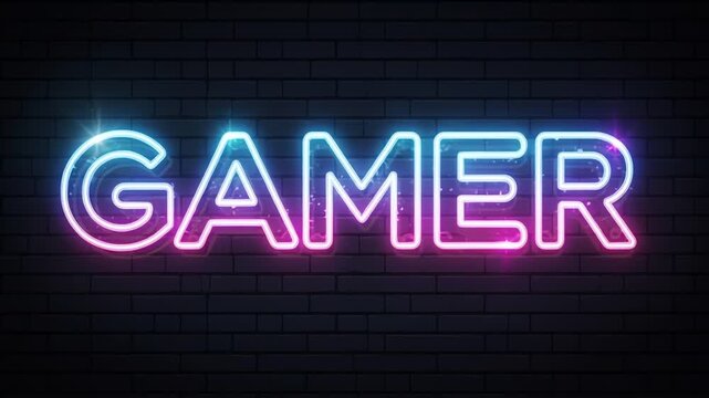 Neon Gamer Sign Glowing In The Dark With Blue And Pink Lights.