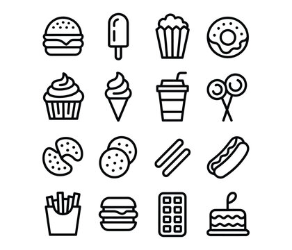Fast food and snack icon collection including burgers desserts and soft drinks