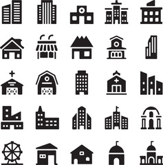 Fototapeta premium Urban Architecture and City Building Silhouette Icon Set
