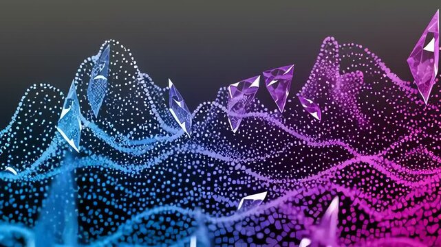 Abstract Digital Landscape with Crystal Formations and Glowing Particles.