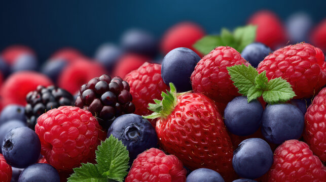 A vibrant close-up showcases a medley of fresh berries including strawberries, raspberries, blueberries, and blackberries against a rich dark blue backdrop.