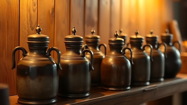 flagons. Rustic ceramic and pewter flagons with lids on wooden shelf in warm light. bar promotions, beverage menus, designed for product packaging and bar promotions, used by marketing managers.