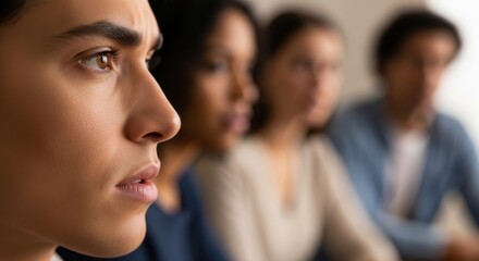 Obraz premium Focused young man in a diverse group setting, deep in thought during a meeting or discussion.