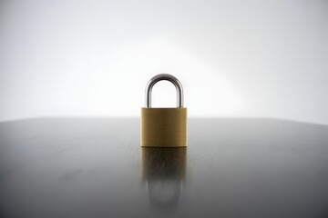 Naklejka premium Brass padlock with silver ushaped shackle on reflective surface
