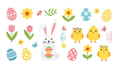 Spring Easter Animals and Decorations Vector Set – Cute Holiday Illustration © Shakib