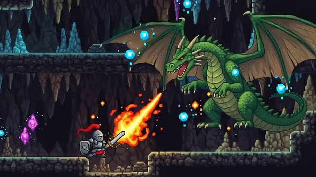 Epic Pixel Art Dragon Battle Scene in Dark Cave.