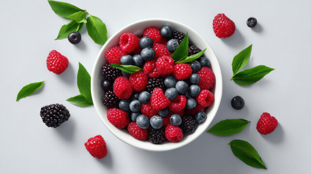 A vibrant bowl of mixed berries featu raspberries, blueberries, and blackberries is beautifully arranged with fresh green leaves on a clean white background.