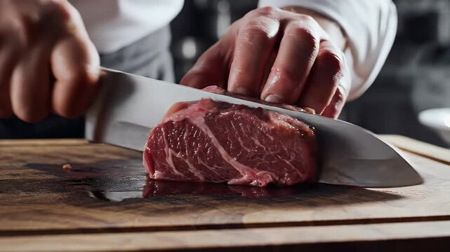 Close-up of hands skillfully slicing a raw beef steak on a wooden cutting board