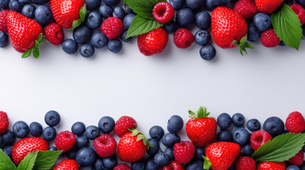 Obraz premium Fresh strawberries, blueberries, and raspberries are arranged on a pristine white surface, creating a colorful and inviting border with space for text (150)