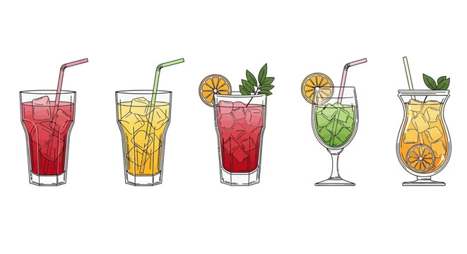 Colorful cocktail drinks with ice cubes and straws in a row, illustration.