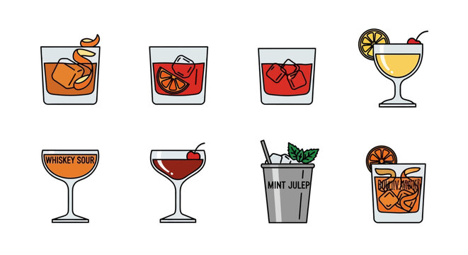 Collection of various cocktail drinks in different glasses with garnishes.