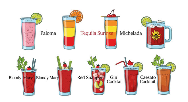 Collection of various cocktail drinks with garnishes and names in a vector illustration.