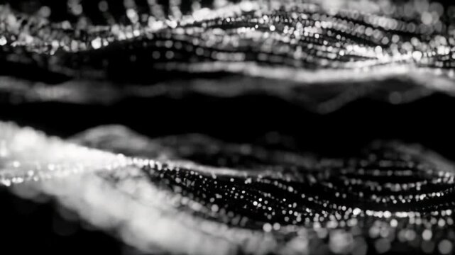 Luminous pure white particles of varying sizes and blur gracefully float and undulate through a deep black void, creating smooth 3D bokeh effect, digital elegance concept.