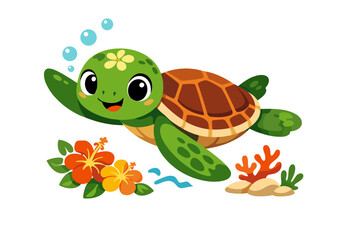 Obraz premium Cute cartoon sea turtle swimming happily surrounded by tropical flowers and coral reef scenery