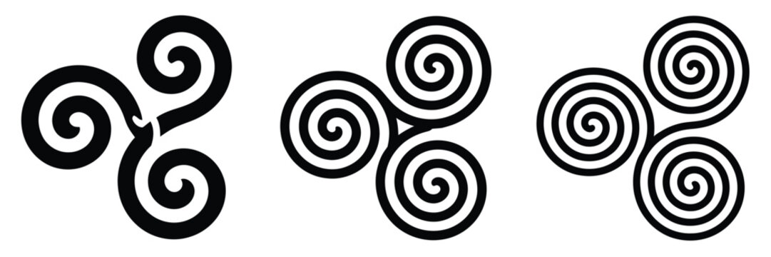 Black triskelion spirals illustration, Celtic rotational symbol