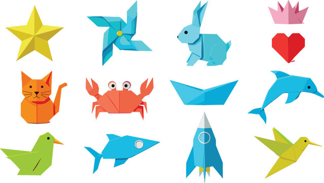 Colorful origami animals and shapes set, paper folding art collection including rabbit bird fish boat and rocket vector illustration