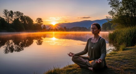 Fototapeta premium Serene Woman Meditating by a Lake at Sunrise, Embracing Tranquility and Natures Beauty.