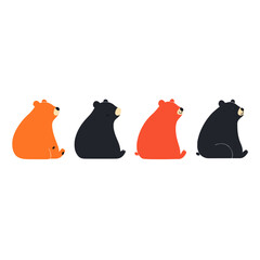 Four cute cartoon bears, two orange and two black, sitting in a row on a white background Simple, playful illustration of animals for childrens books, graphic design, and web © Fernando