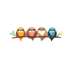 Fototapeta premium Four cute cartoon sloths sitting on a tree branch, colorful, friendly, and adorable animal characters, concept of friendship and nature